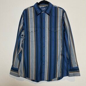 Wrangler Western Cowboy Shirt Long Sleeve Blue Brown Stripe Casual Rodeo Men M/L